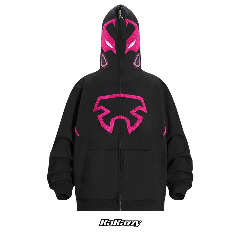 The Futuristic Warrior Hoodie by Seakoff is a black oversized zip-up sweatshirt featuring pink and purple sci-fi streetwear designs, set against a plain white background.