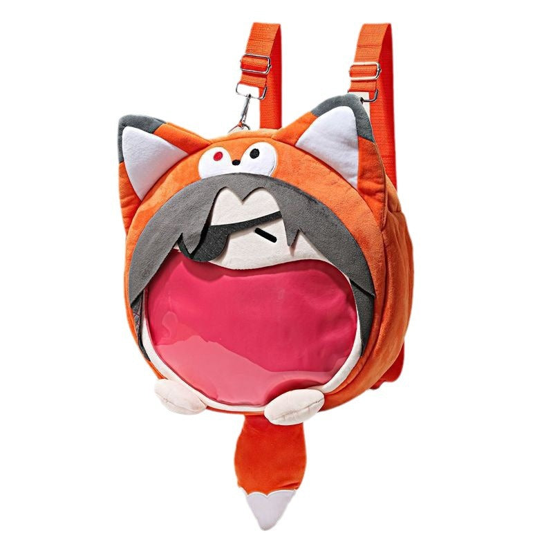 The Seakoff Adorable Fox Plush Shoulder Bag features an original design resembling an orange cartoon cat with pointy ears and a round body. It has a playful expression, wide-open eyes like a cute fox character, and vibrant red straps. The unique touch is its transparent mouth pocket.