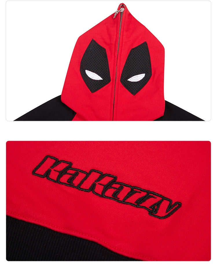 Seakoff presents the Deadpool-Inspired Hoodie, a red and black 400GSM oversized zip-up streetwear with superhero-like design. It features "Kakazy" embroidered in black on red fabric, giving an edgy vibe.