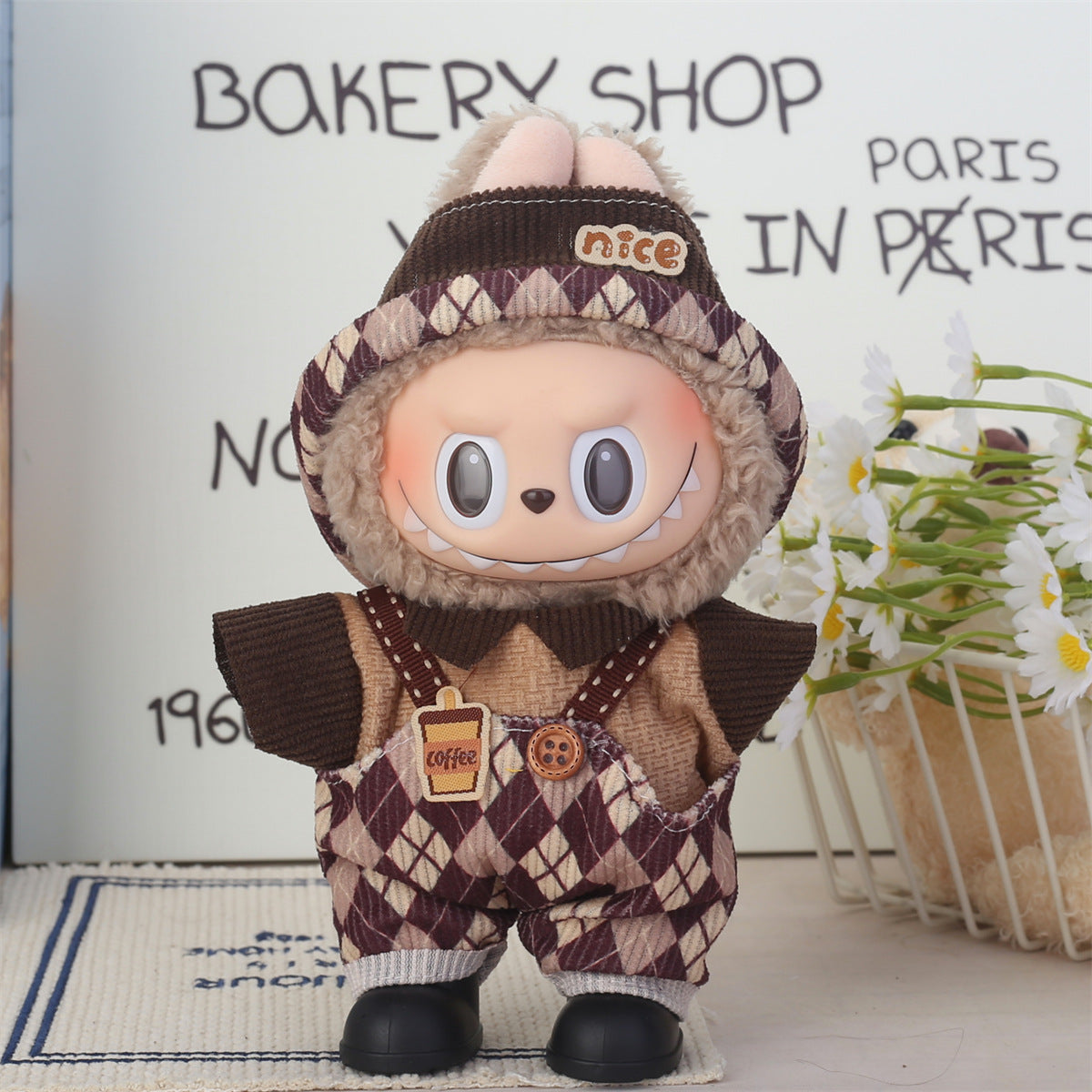 Labubu Argyle Overalls & Coffee Charm Set with Corduroy Hat – All‑Series Doll Clothes