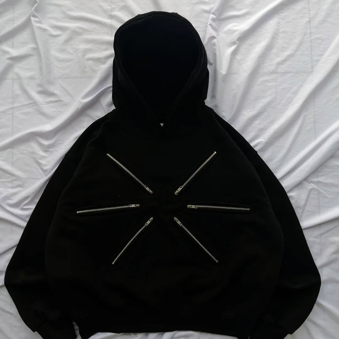 Anime-Inspired 400GSM Heavy Cotton Hoodie with Interactive Zipper Eyes - Black