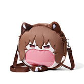 The Seakoff Bungo Stray Dogs Atsushi Nakajima Plush Shoulder Bag is a round, cute anime-inspired design with brown hair, cat ears, a transparent mouth pocket, adjustable brown straps, and white detailing.