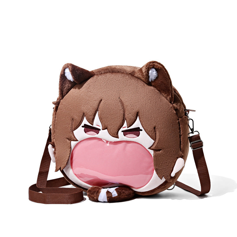 The Seakoff Bungo Stray Dogs Atsushi Nakajima Plush Shoulder Bag is a round, cute anime-inspired design with brown hair, cat ears, a transparent mouth pocket, adjustable brown straps, and white detailing.