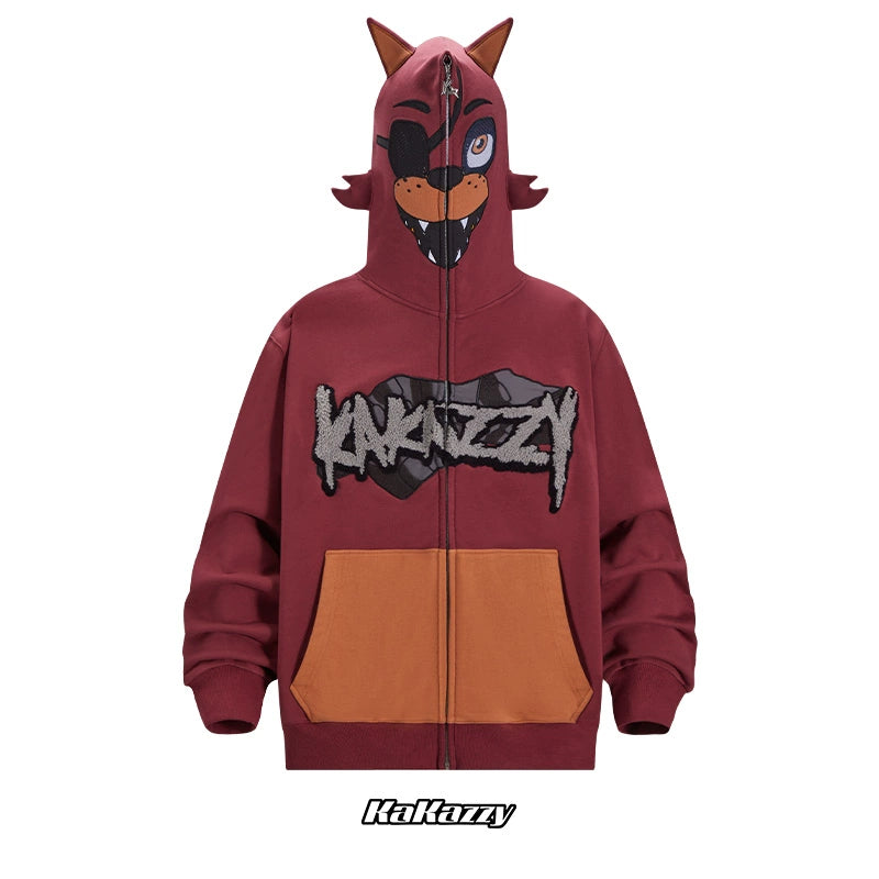The Seakoff Foxy-Inspired Hoodie is a 400GSM oversized, red zip-up sweatshirt inspired by Five Nights at Freddy&