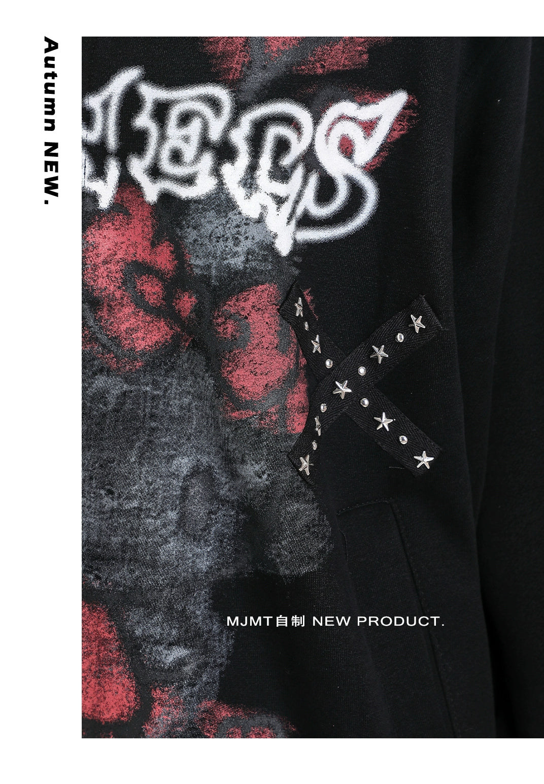Close-up of a Gothic Hello Kitty Princess Hoodie by Seakoff, an oversized zip-up featuring black fabric with edgy heart and cross graphics. It sports the word "CHANGES" in a stylized font and a small black ribbon with white stars. Ideal for kawaii fashion fans, labeled "Autumn NEW." and "MJMT 自制 NEW PRODUCT.
