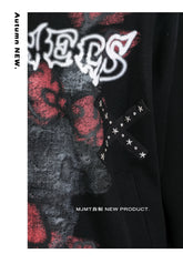Close-up of a Gothic Hello Kitty Princess Hoodie by Seakoff, an oversized zip-up featuring black fabric with edgy heart and cross graphics. It sports the word "CHANGES" in a stylized font and a small black ribbon with white stars. Ideal for kawaii fashion fans, labeled "Autumn NEW." and "MJMT 自制 NEW PRODUCT.