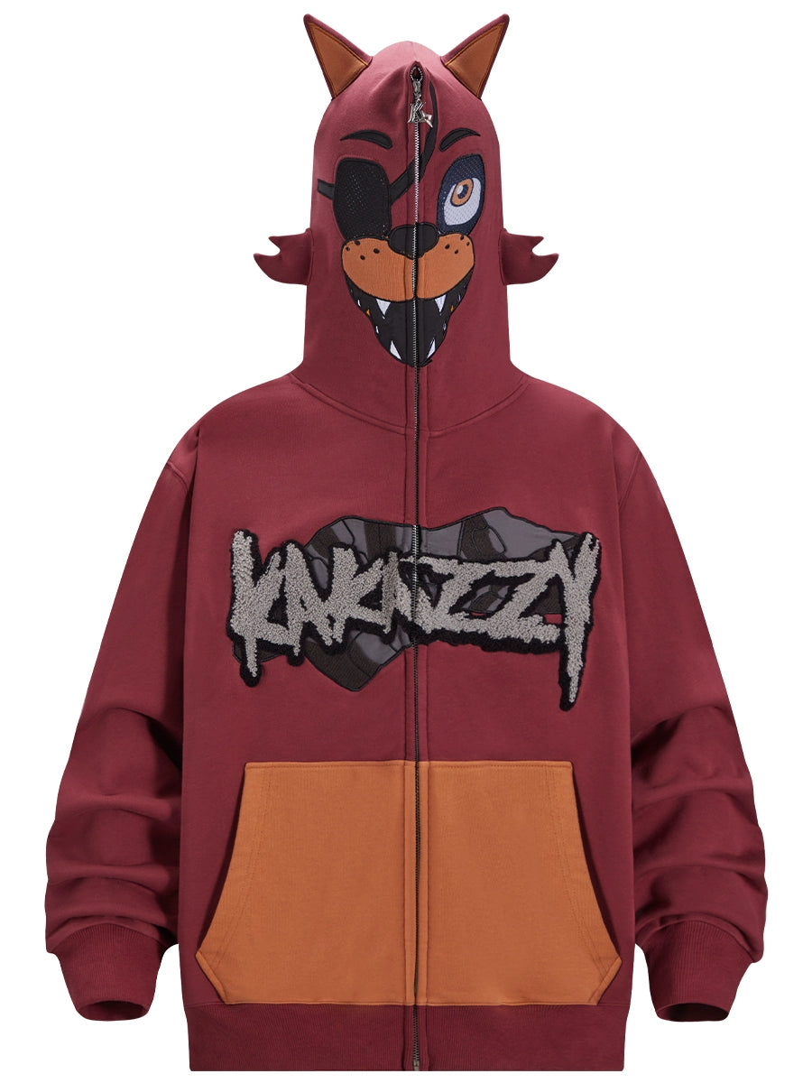 The Seakoff Foxy-Inspired Hoodie is an oversized red zip-up sweatshirt resembling Five Nights at Freddy&