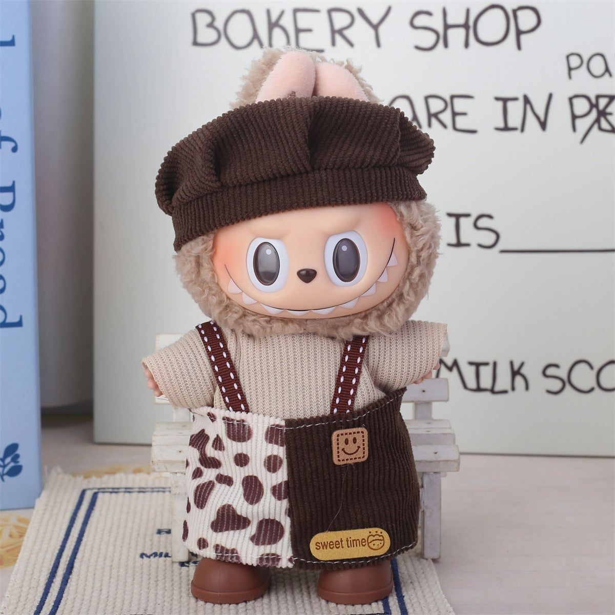 Labubu Corduroy Patchwork Dress & Beret Outfit – All‑Series Doll Clothes