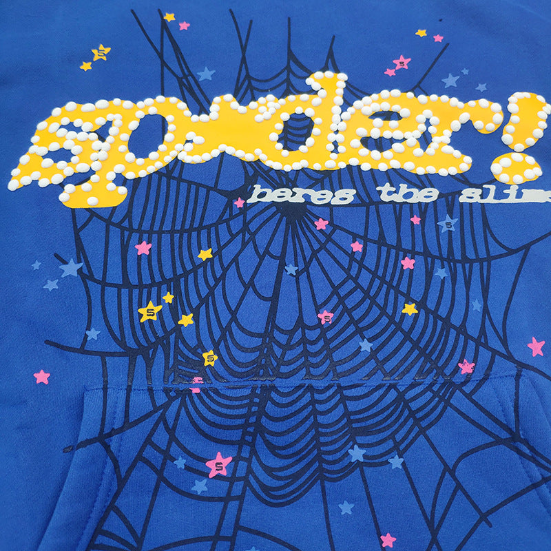 Sp5der “Hares the Slime” Hoodie (440GSM) – Royal Blue Fuzzy Logo Spider-Web Graphic