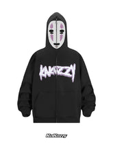 The No-Face Anime Hoodie by Spirited Away is a black 400GSM oversized zip-up sweatshirt featuring a stylized mask on the hood, "Kakazy" in white graffiti text across the chest, scrunched sleeves, and matching logo below—ideal for anime fans.
