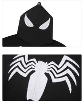 Check out the Seakoff Venom Spider Hoodie, a 400GSM oversized black and white zip-up sweatshirt. It features a hood with white mesh-like eyes resembling a mask and a bold spider emblem on the chest—ideal for superhero fans who love unique streetwear styles.