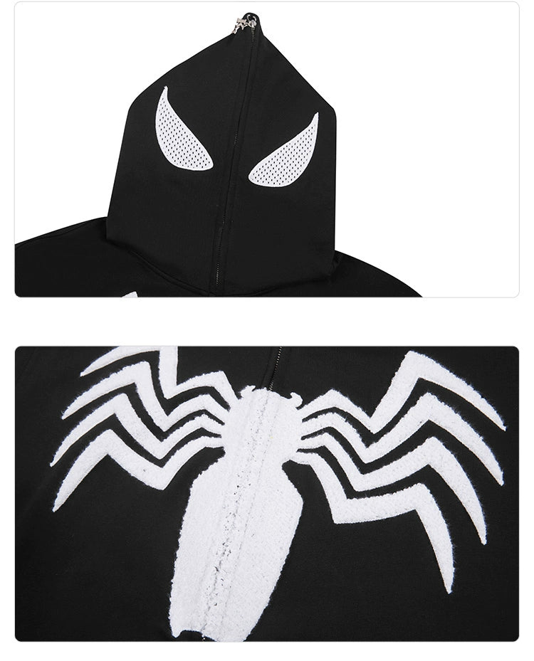 Check out the Seakoff Venom Spider Hoodie, a 400GSM oversized black and white zip-up sweatshirt. It features a hood with white mesh-like eyes resembling a mask and a bold spider emblem on the chest—ideal for superhero fans who love unique streetwear styles.