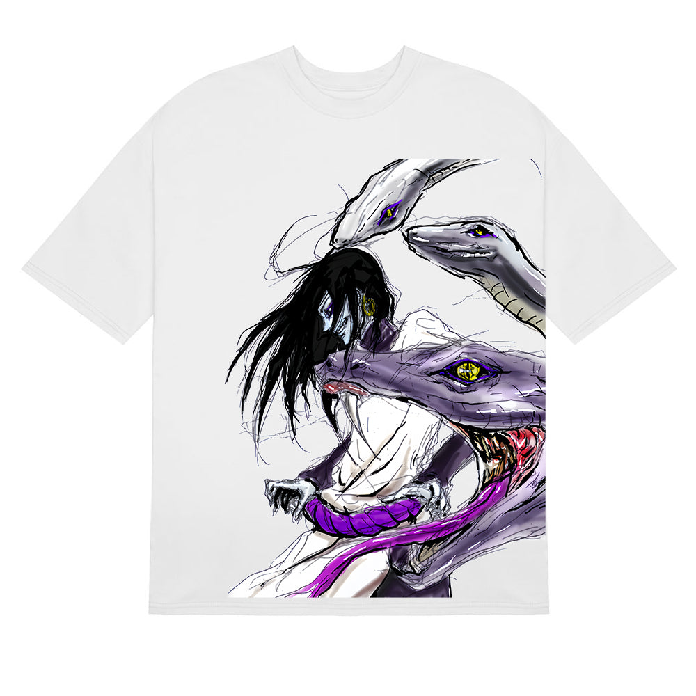 From the Orochimaru T-Shirt | Premium Anime Apparel collection by Naruto, this design features a dark-haired figure surrounded by dragon-like serpentine heads. With dynamic, vibrant color blending on a crisp white background, it&