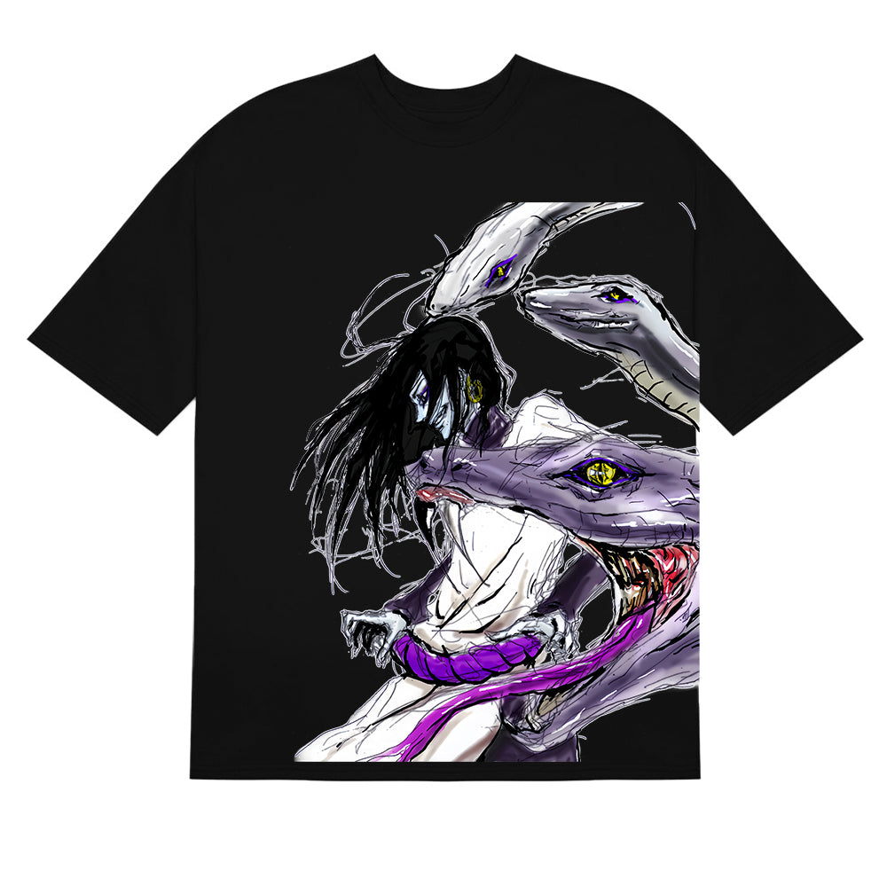 The Naruto Orochimaru T-Shirt from the Premium Anime Apparel collection features a black design with an abstract humanoid, long hair, and serpentine creatures with sharp teeth in white and purple tones, capturing Orochimaru&
