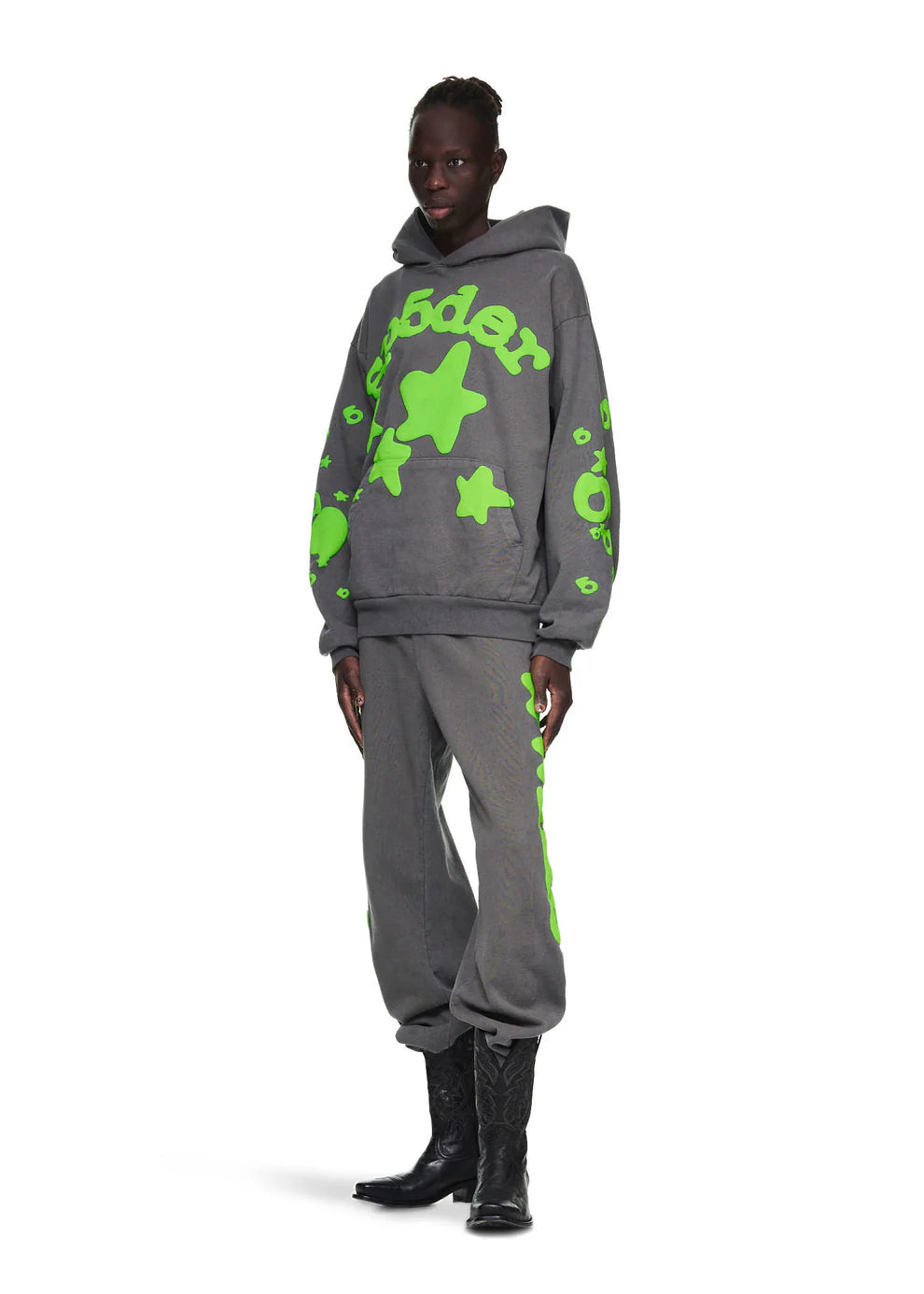Sp5der 440GSM Heavyweight Hoodie – Grey & Neon Green Star Graphic Oversized Sweatshirt