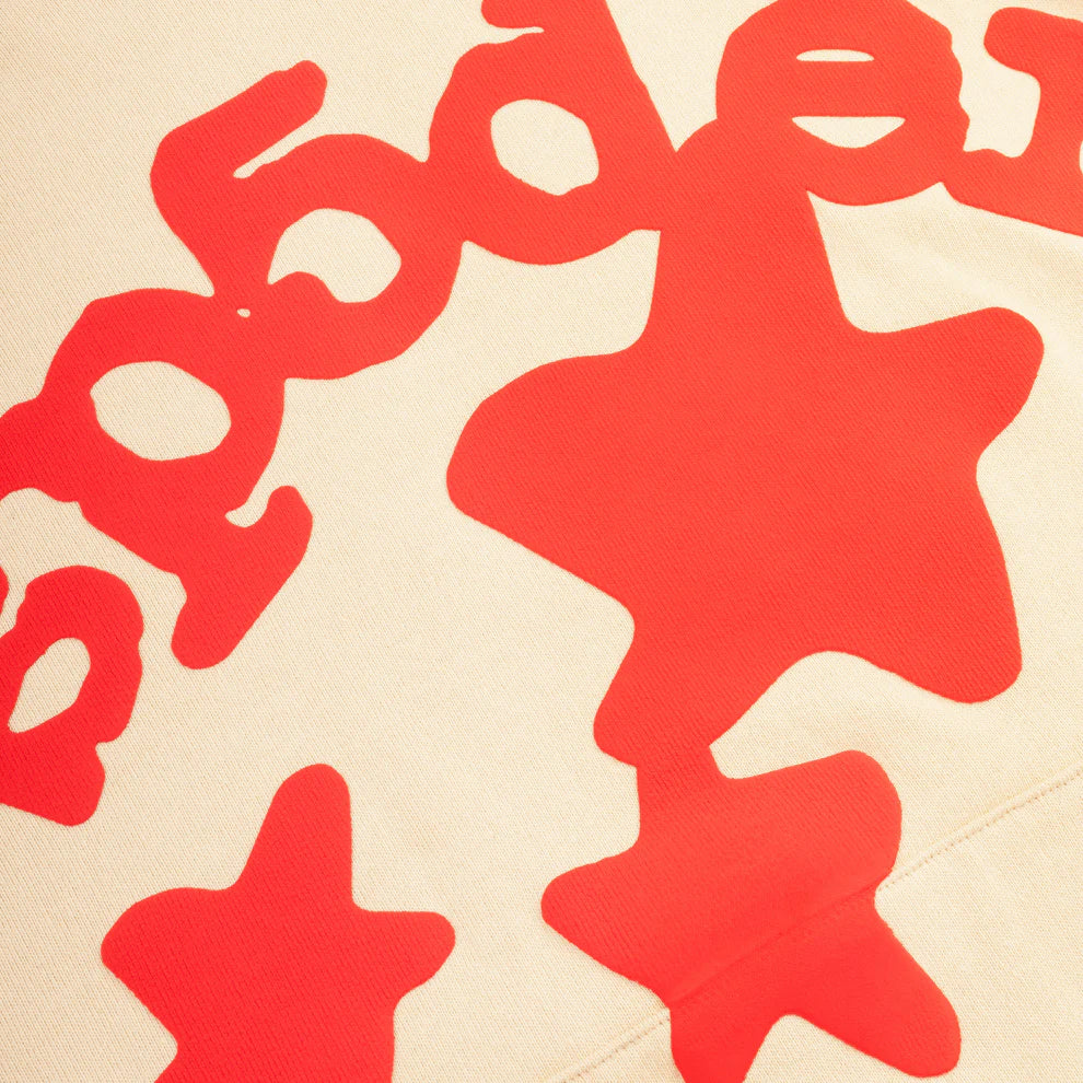 Sp5der 440GSM Heavyweight Star Hoodie – Cream with Red Puff Print Oversized Streetwear Pullover