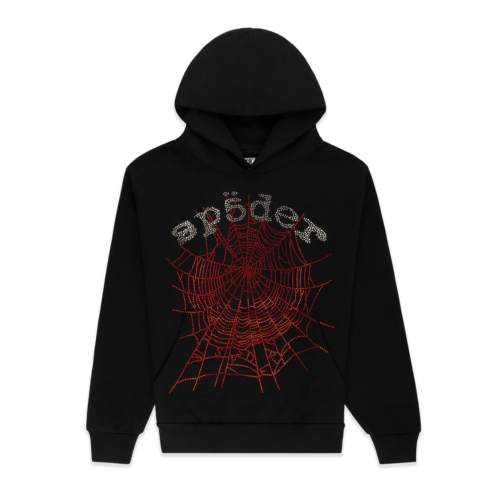 Sp5der Rhinestone Web Hoodie – Black 440GSM Heavyweight Oversized Streetwear Pullover