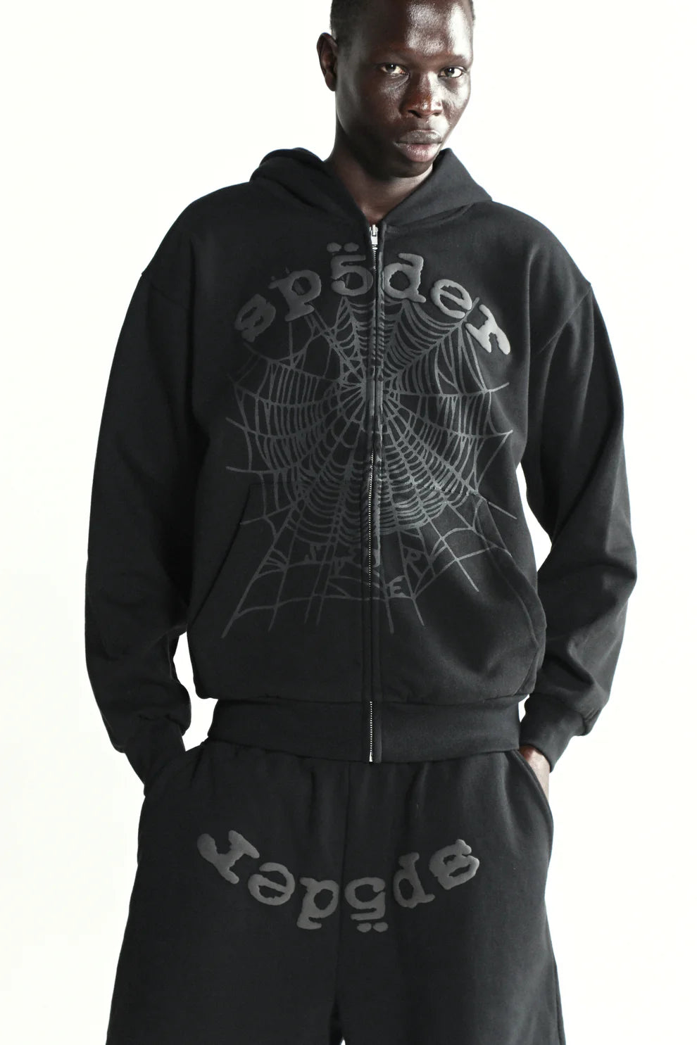 Sp5der Tonal Web Zip Hoodie – Black 440GSM Heavyweight Streetwear