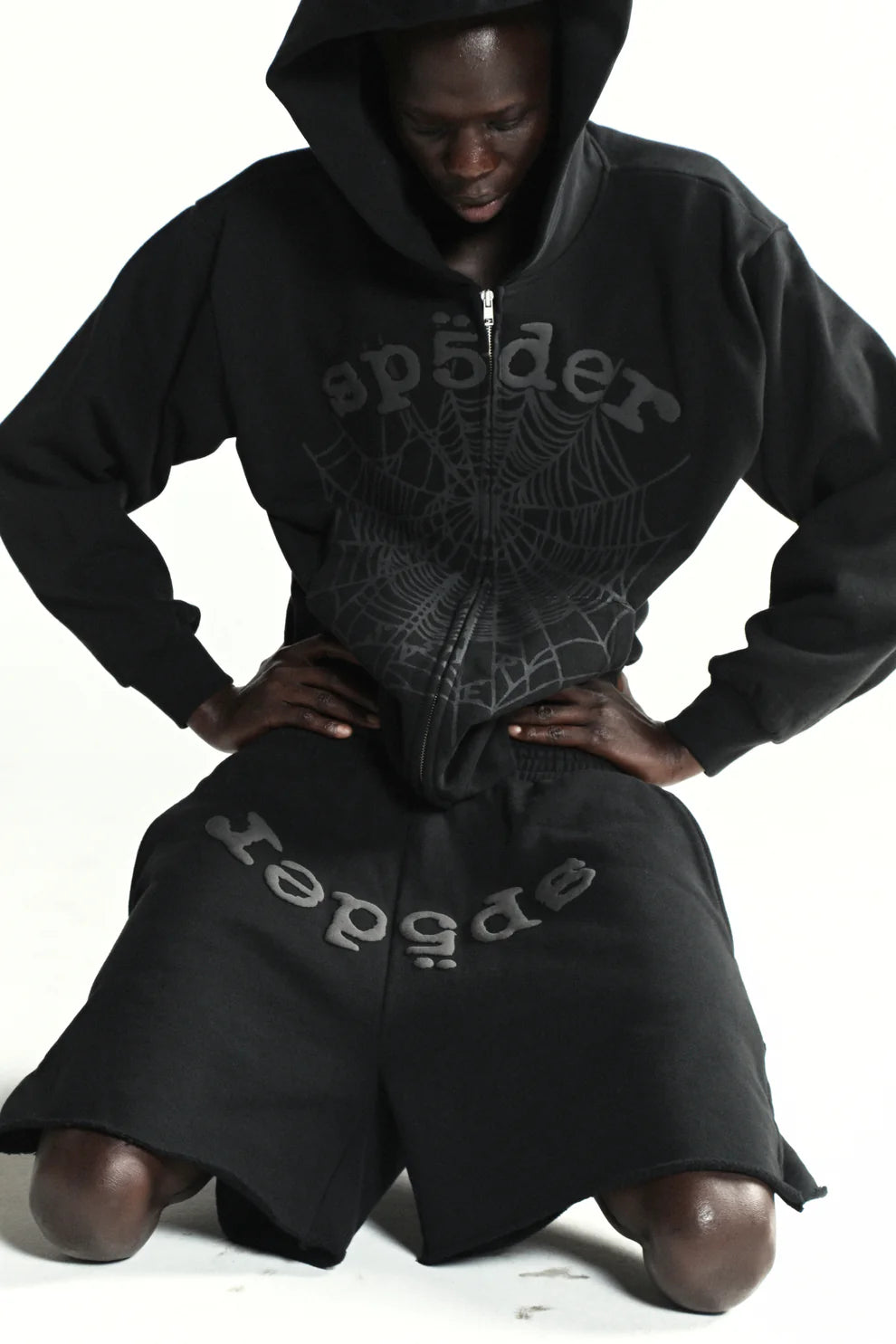 Sp5der Tonal Web Zip Hoodie – Black 440GSM Heavyweight Streetwear