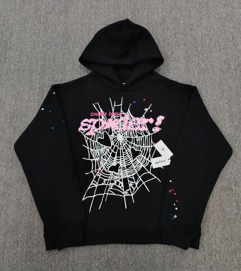 Sp5der Black Hoodie Pink Spiderweb Graphic Streetwear – Seakoff