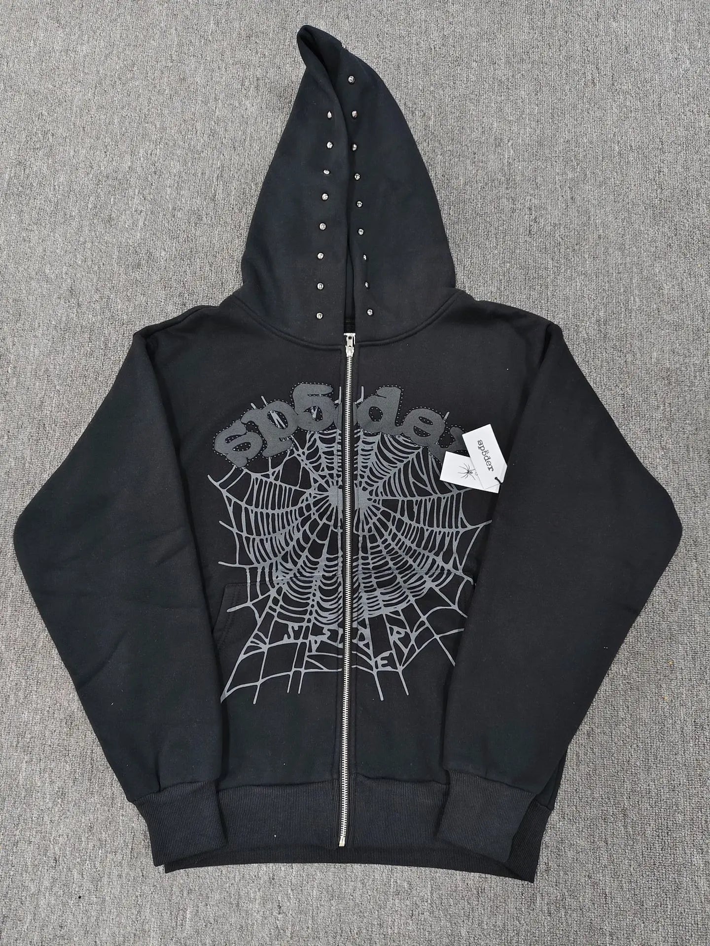 トップス soraSPIDER Web Hoodie Black Rhineston Sp5der Black Zip-Up Hoodie Spiderweb Rhinestone Studs – Seakoff
