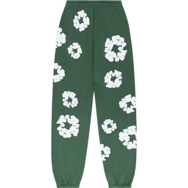 Forest Green “Cotton Wreath” Denim Tears Sweatpants – White Floral Print Streetwear Pants