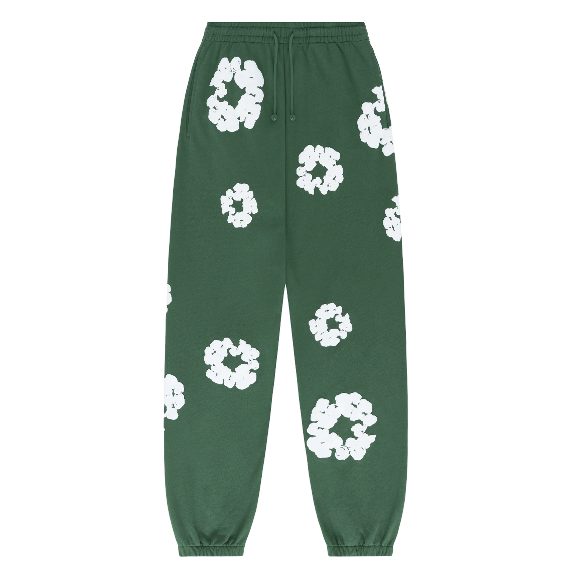 Forest Green “Cotton Wreath” Denim Tears Sweatpants – White Floral Print Streetwear Pants