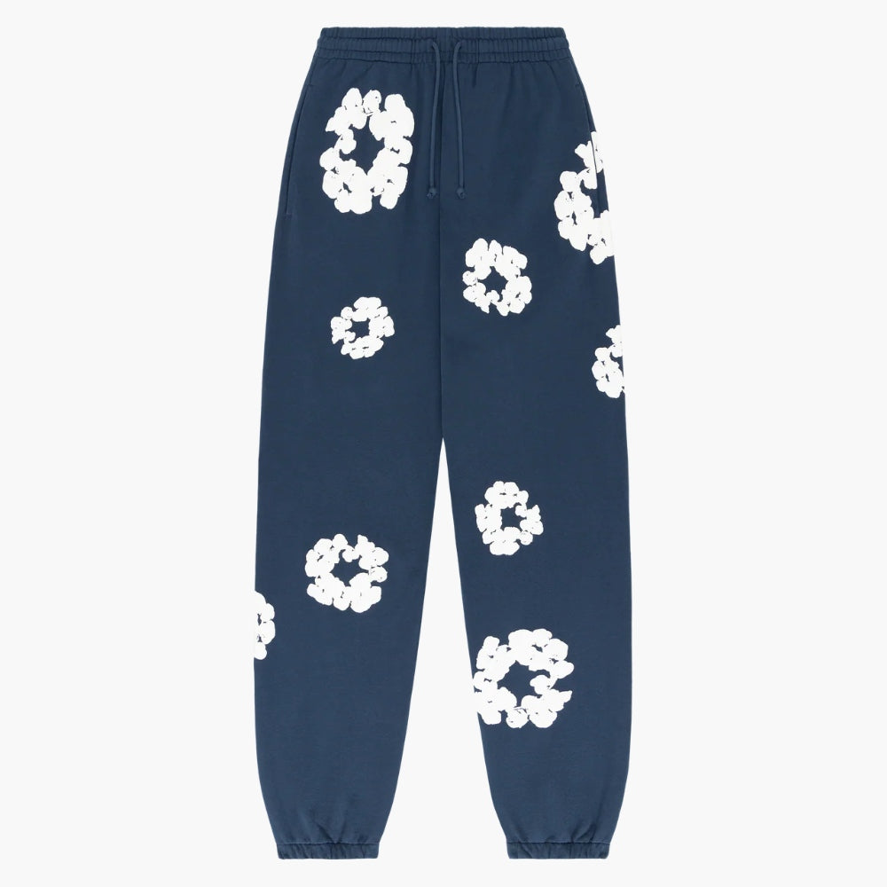 Navy Blue “Cotton Wreath” Denim Tears Sweatpants – White Floral Print Streetwear Pants