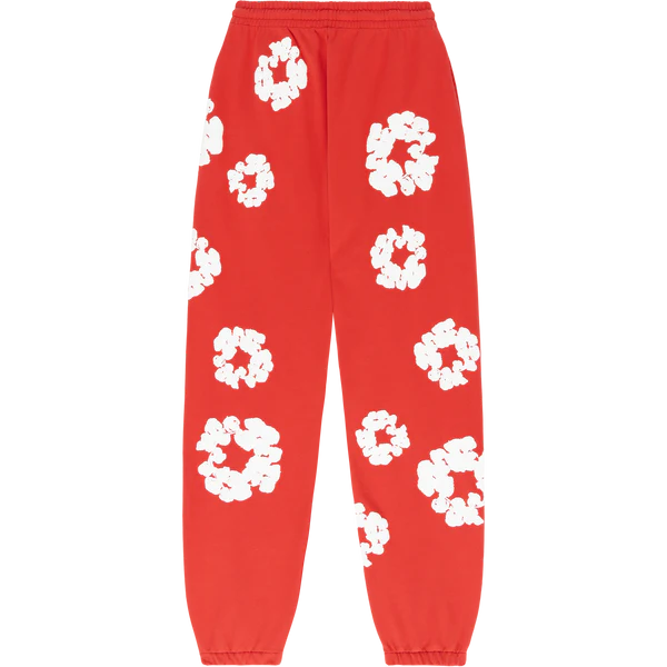 Red “Cotton Wreath” Denim Tears Sweatpants – White Floral Print Streetwear Pants