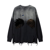 This limited edition black & gray gradient long-sleeve shirt, by Death Note, features anime characters on the back and a unique distressed design with an artistic hem and loose threads, capturing the essence of grunge anime streetwear.