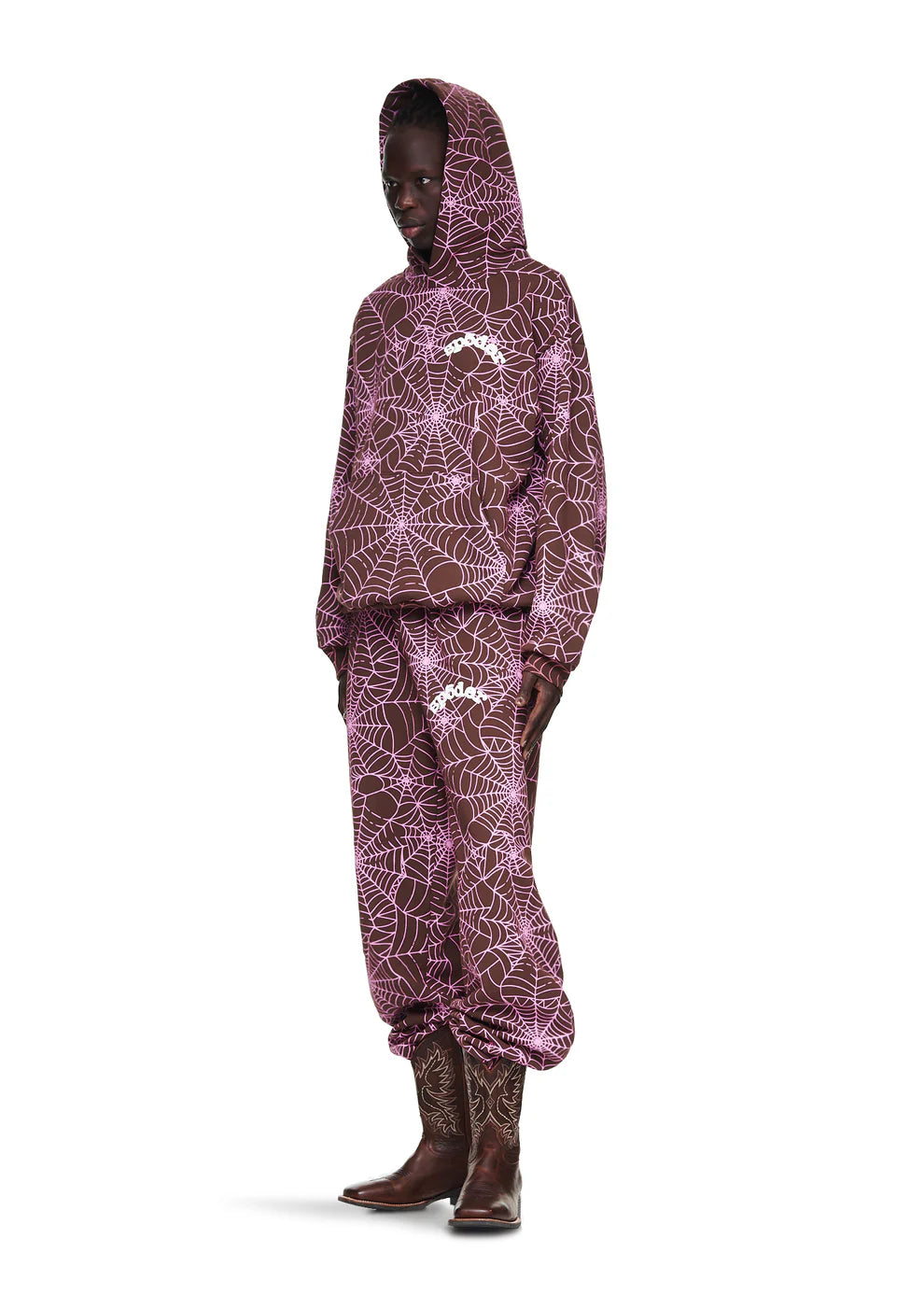 Brown All-Over Spider Web Graphic Hoodie – Comfort Fit Pullover Hoodie