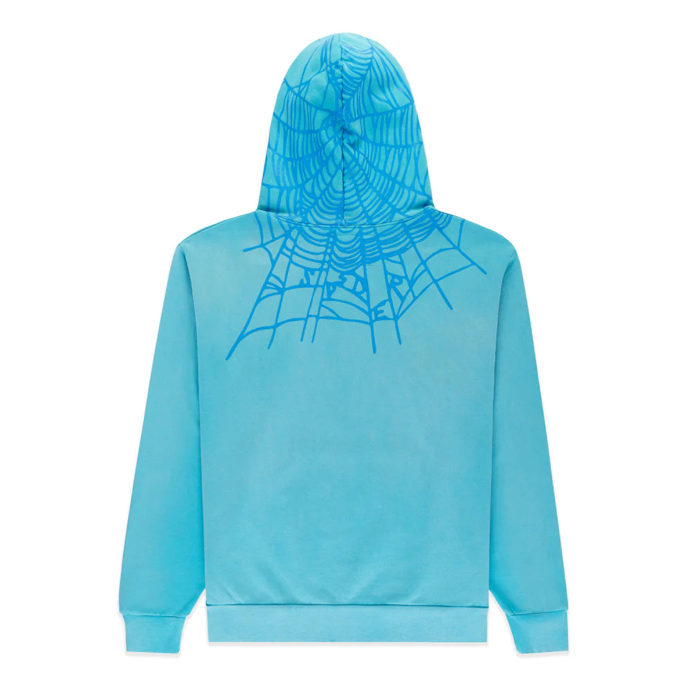 Turquoise Graphic Hoodie with Star Detail and Spider Web Back Print – Comfort Fit Pullover Hoodie