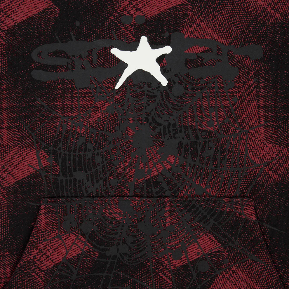 Red and Black Graphic Hoodie with Star Detail and Spider Web Print – Comfort Fit Pullover Hoodie