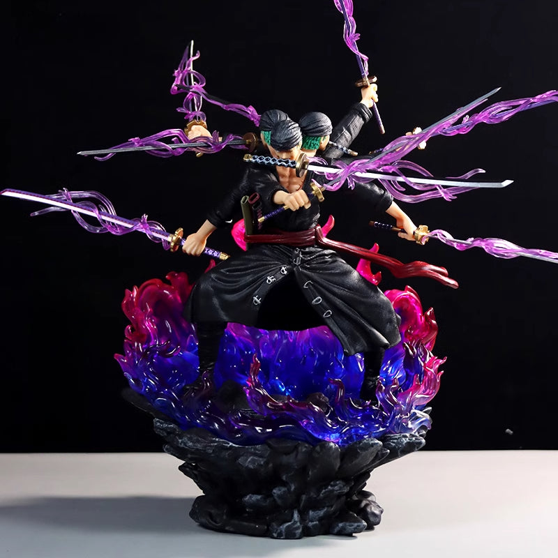 Zoro Santoryu動作小雕像 - 40厘米,帶有三把劍和動態火焰效果,限量版 - 一件可收集的