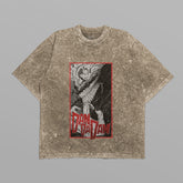 The Dandadan Monochrome Oversized T-Shirt features an abstract Okarun design with bold stylized character on brown texture. "Pan Dan Dan" pops in red and white within a framed red logo, capturing the playful spirit against a light gray backdrop.