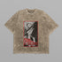 The Dandadan Monochrome Oversized T-Shirt features an abstract Okarun design with bold stylized character on brown texture. "Pan Dan Dan" pops in red and white within a framed red logo, capturing the playful spirit against a light gray backdrop.