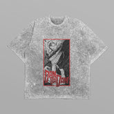 The Dandadan Monochrome Oversized T-Shirt features a gray acid-washed look with a dynamic Okarun graphic in black and white, framed by red. Bold "Dan Da Dan" text adds flair, making it ideal for anime streetwear fans.