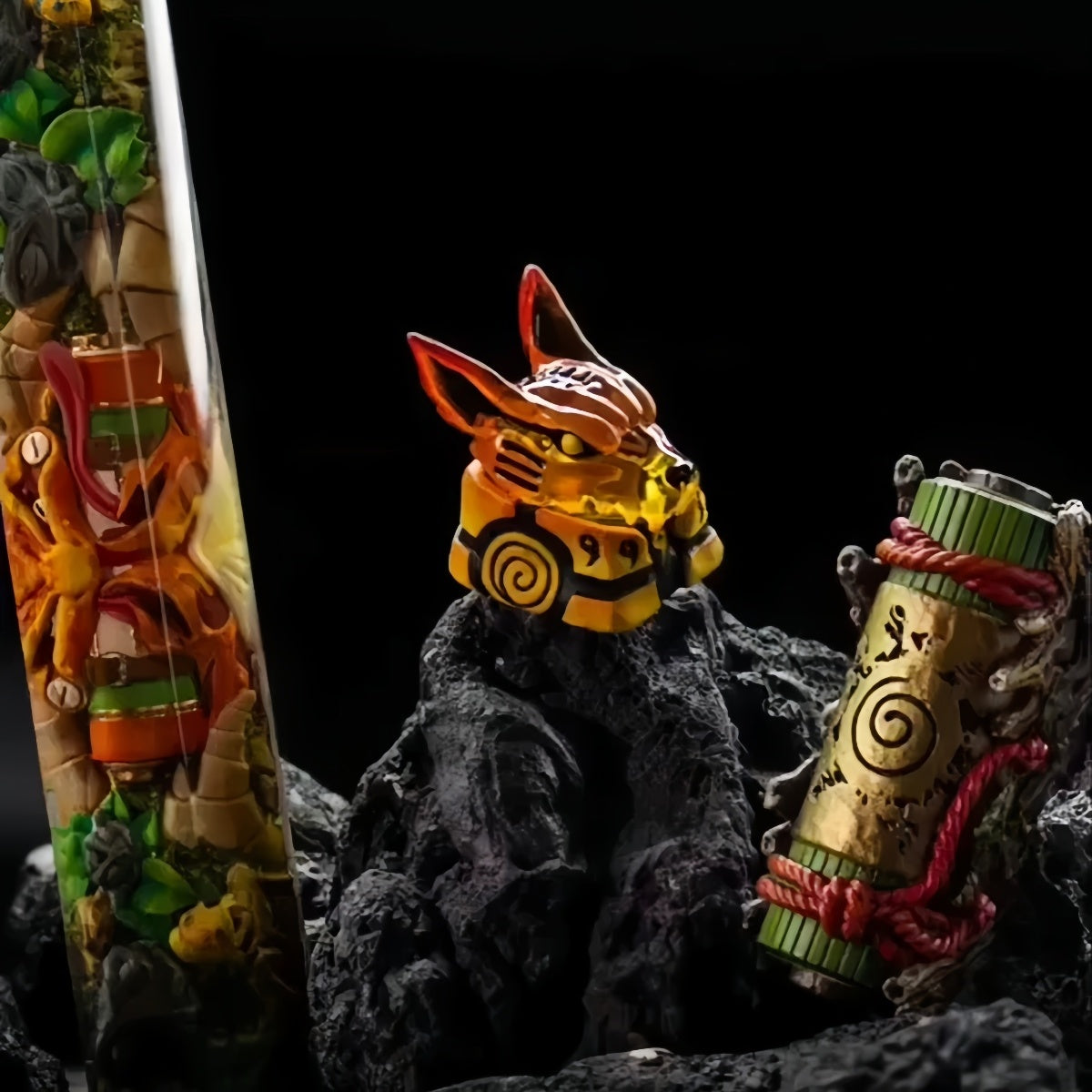A decorative scene featuring a small figure with fox-like features, an ornate rolled scroll tied with red rope, and a cylindrical display case filled with miniatures, all set against a textured black background.
