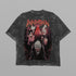 The Dandadan Oversized T-Shirt in acid-washed black features a bold geometric design with four animated characters and red "Dandadan" text. This anime streetwear piece from Dandadan is crafted from 250 GSM cotton, showcasing vibrant red and black tones for an eye-catching look.