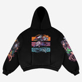 The Dandadan Full-Color Hoodie, made from premium 360 GSM cotton, showcases a multi-panel anime character design with vibrant graphics on the back and sleeves, ideal for fans of dynamic streetwear styles.