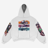 The Dandadan Full-Color Hoodie, crafted in premium 360 GSM cotton, is a streetwear must-have. It features vibrant anime fashion with dynamic characters in action poses on the back and intricate, colorful designs on each sleeve.