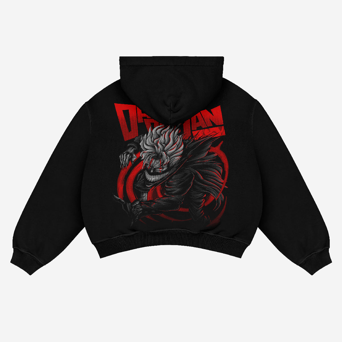 This Dandadan anime hoodie, made from high-quality 360 GSM cotton, showcases an Okarun graphic with a sharp-toothed figure and flowing hair amid red swirls. The bold red "Ohmami" lettering above makes it a standout piece of anime streetwear.