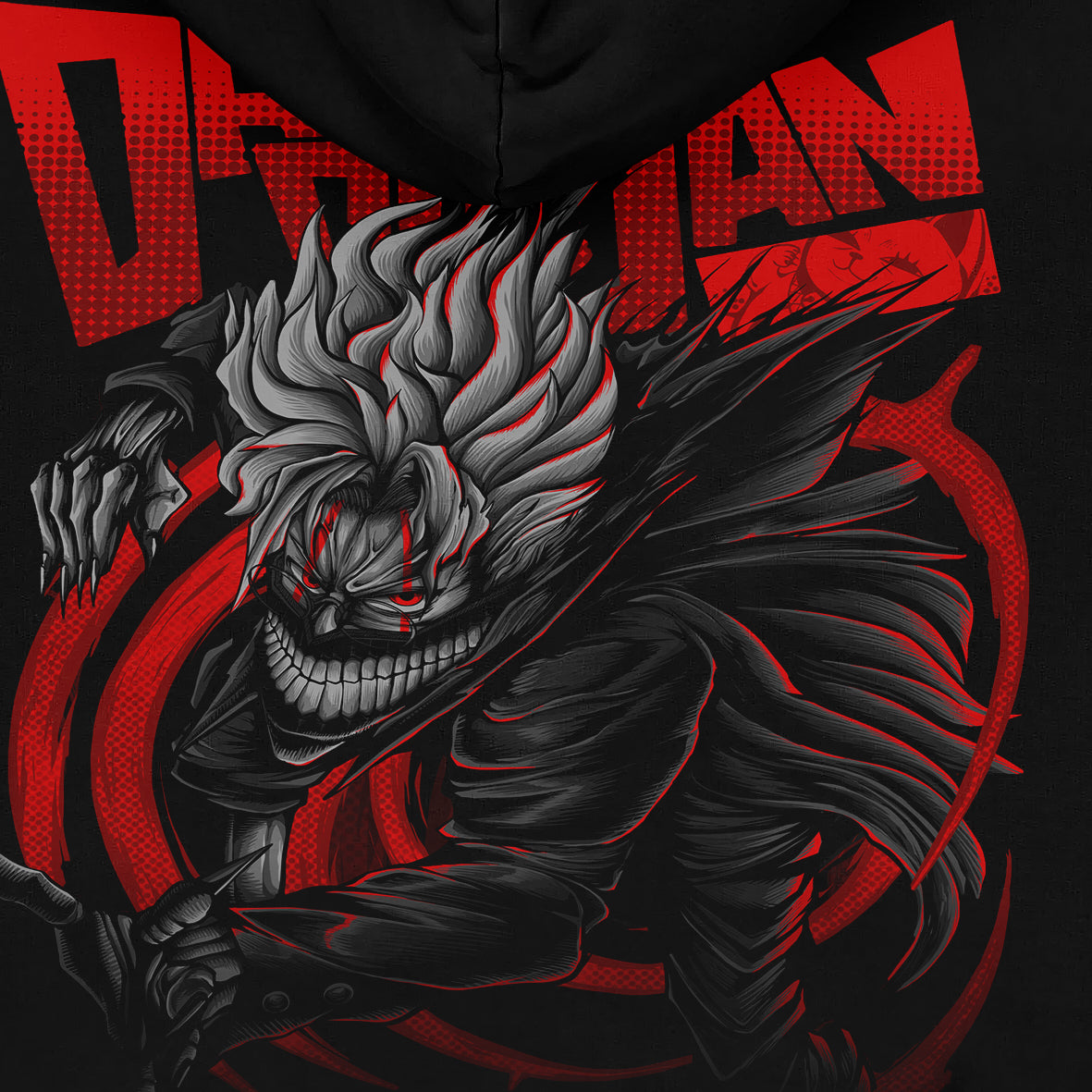 The Dandadan Anime Hoodie features a menacing figure with long hair, an exaggerated grin, and sharp teeth. Dressed in anime streetwear, the character is surrounded by red and black abstract designs, with partial "DEMAN" text in the background. Made of 360 GSM high-quality cotton.