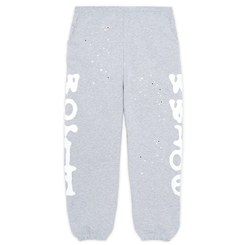 100% Cotton Sp5der Sweatpants for Men – Grey Streetwear Jogger Pants with Graphic Print, Relaxed Fit