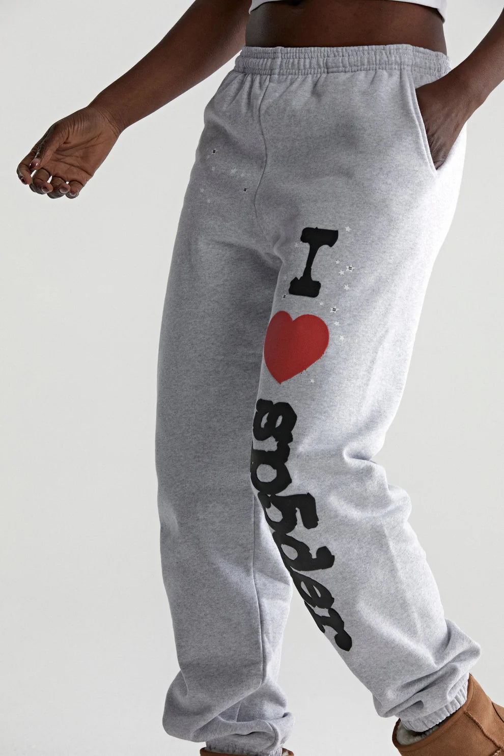100% Cotton Sp5der Sweatpants for Men – Light Grey Jogger Pants with “I Love Sp5der” Graphic, Relaxed Fit