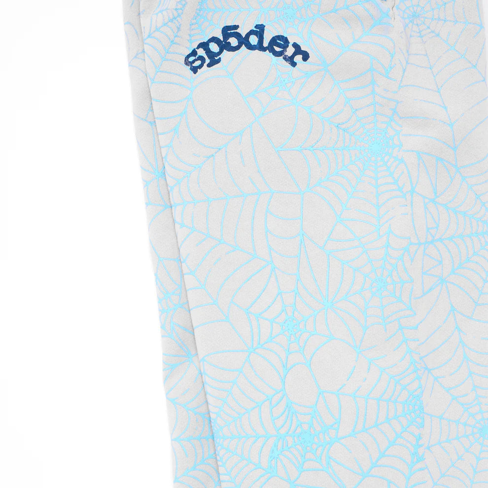 100% Cotton Sp5der Sweatpants for Men – Light Grey Jogger Pants with All-Over Spider Web Print, Relaxed Fit