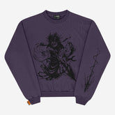 The Jujutsu Kaisen Inspired Black Sweatshirt features a vibrant red cursed energy design, perfect for anime streetwear fans. It includes ribbed cuffs and a small orange tag, aligning with dynamic manga art styles.