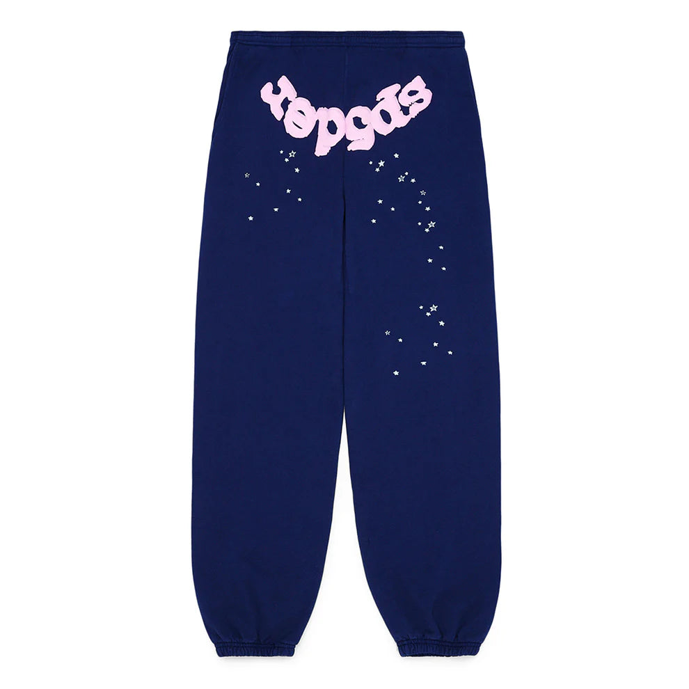 100% Cotton Sp5der Sweatpants – Unisex Navy Blue Jogger Pants with Pink Logo and Star Graphics, Relaxed Fit