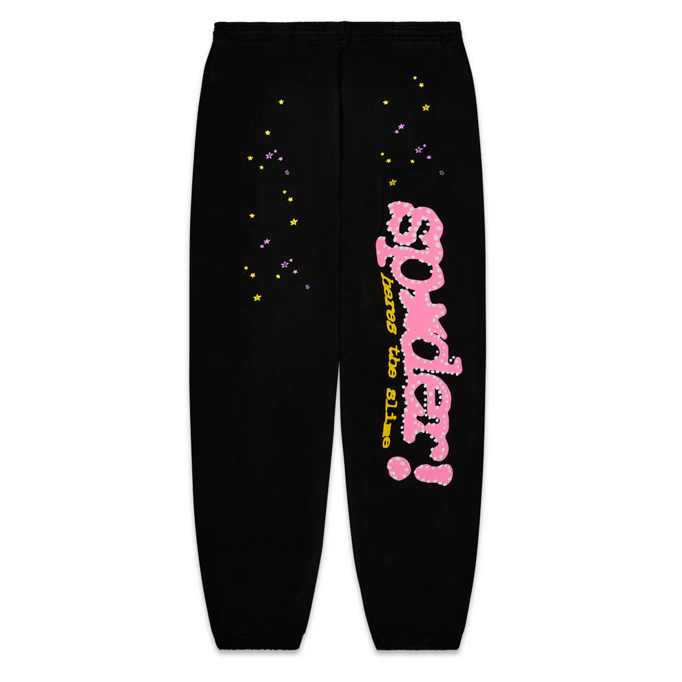 Sp5der Sweatpants – Unisex Black Cotton Sweatpants with Pink Graphic Logo and Star Print