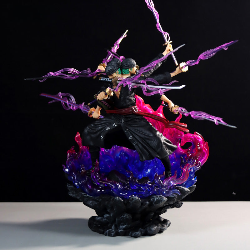 Zoro Santoryu動作小雕像 - 40厘米,帶有三把劍和動態火焰效果,限量版 - 一件可收集的